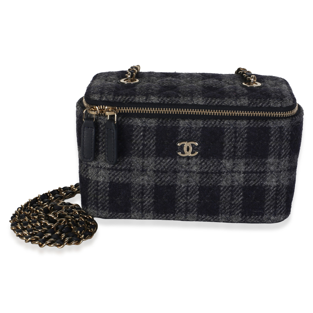 Chanel Blue Multicolor Tweed Small Vanity Case With Chain